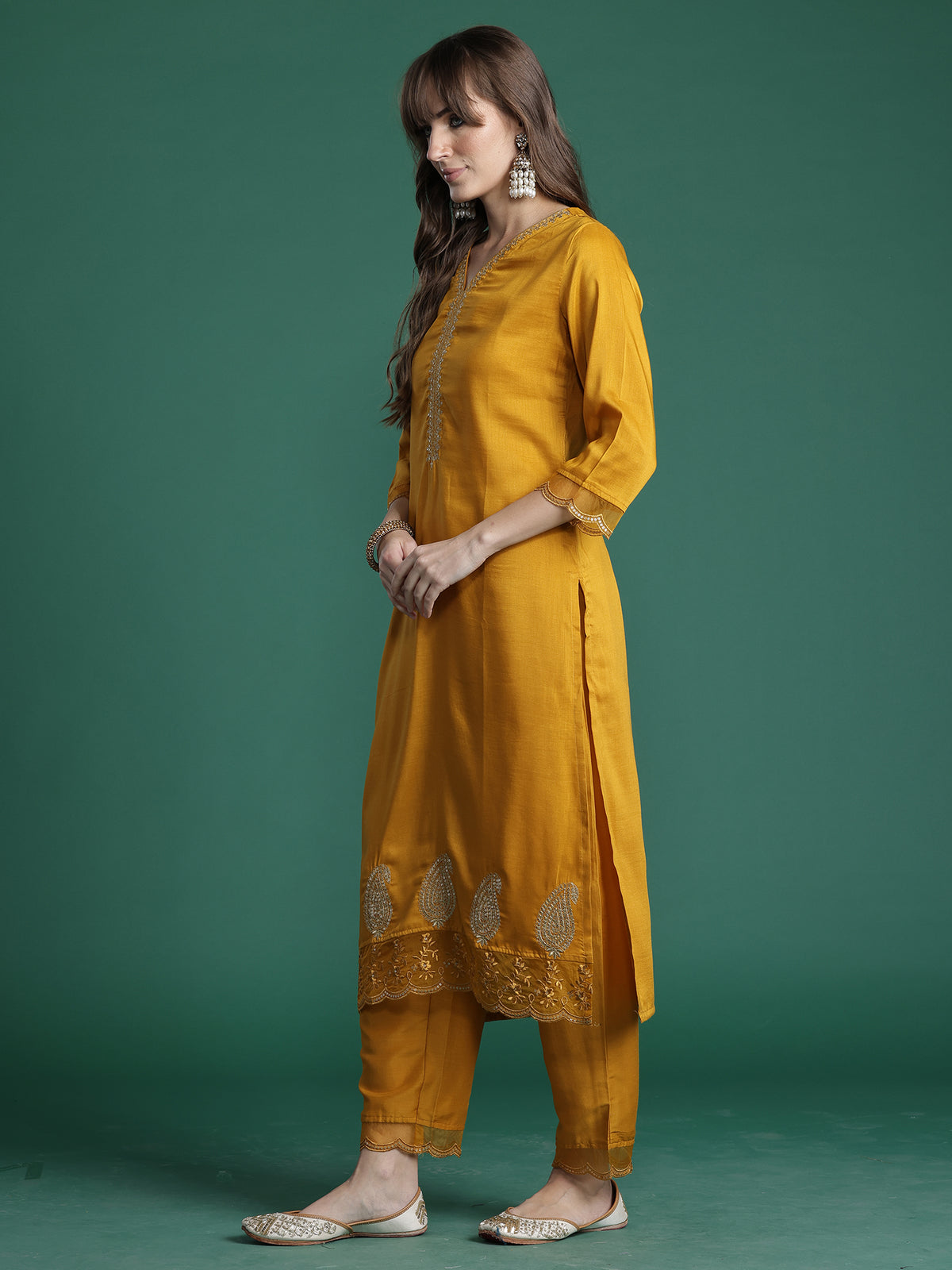 Mustard Embroidered Straight Kurta Trousers With Dupatta Set