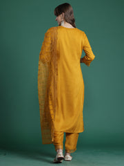 Mustard Embroidered Straight Kurta Trousers With Dupatta Set