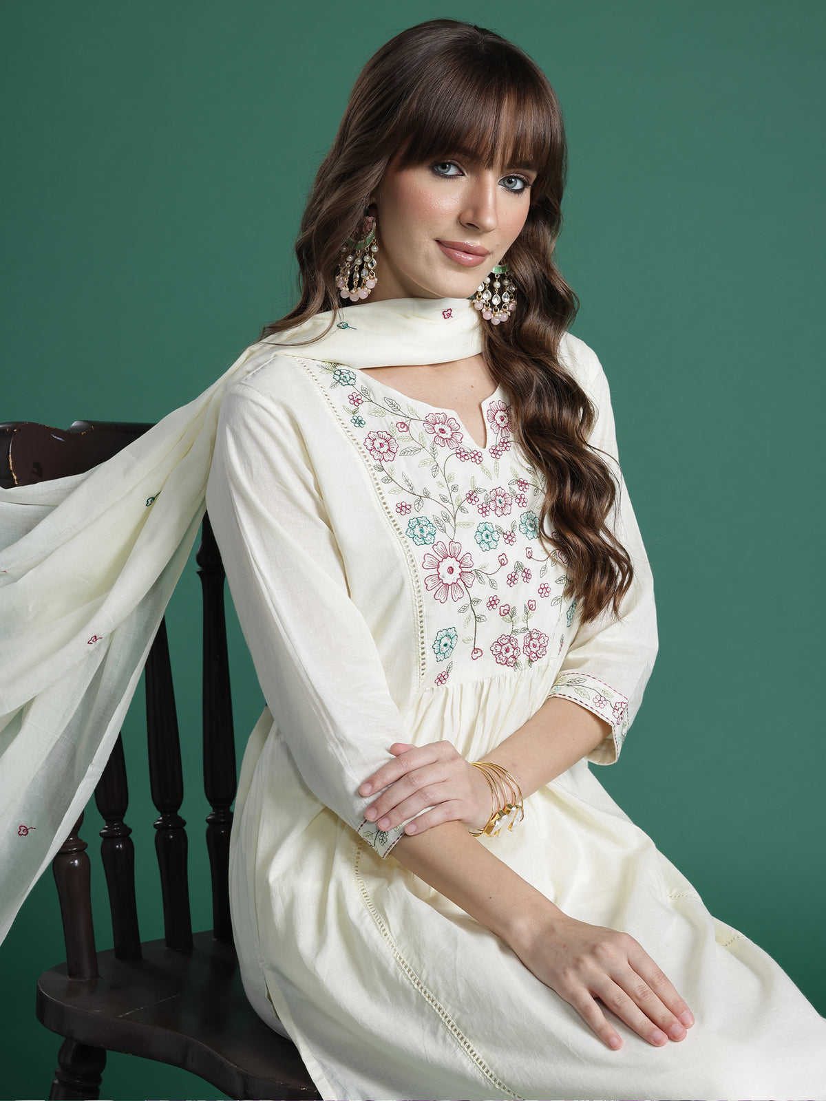 Off White Embroidered A-Line Kurta Trousers With Dupatta Set
