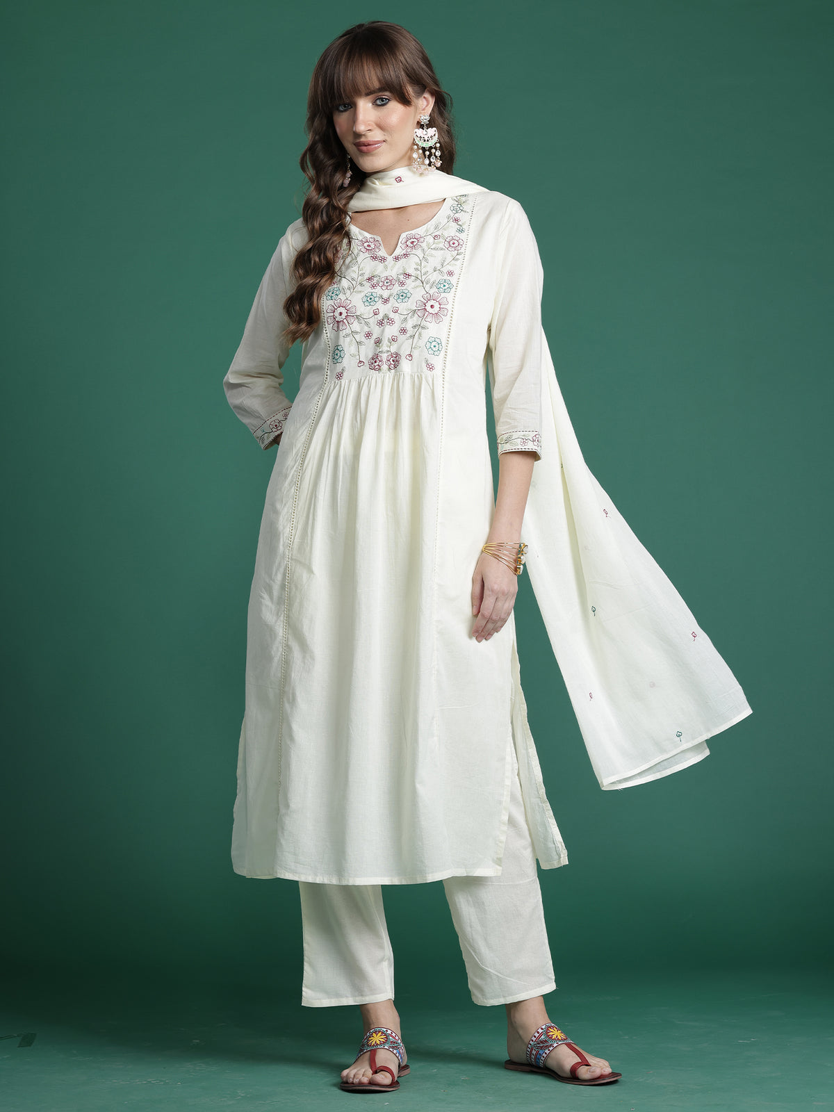 Off White Embroidered A-Line Kurta Trousers With Dupatta Set