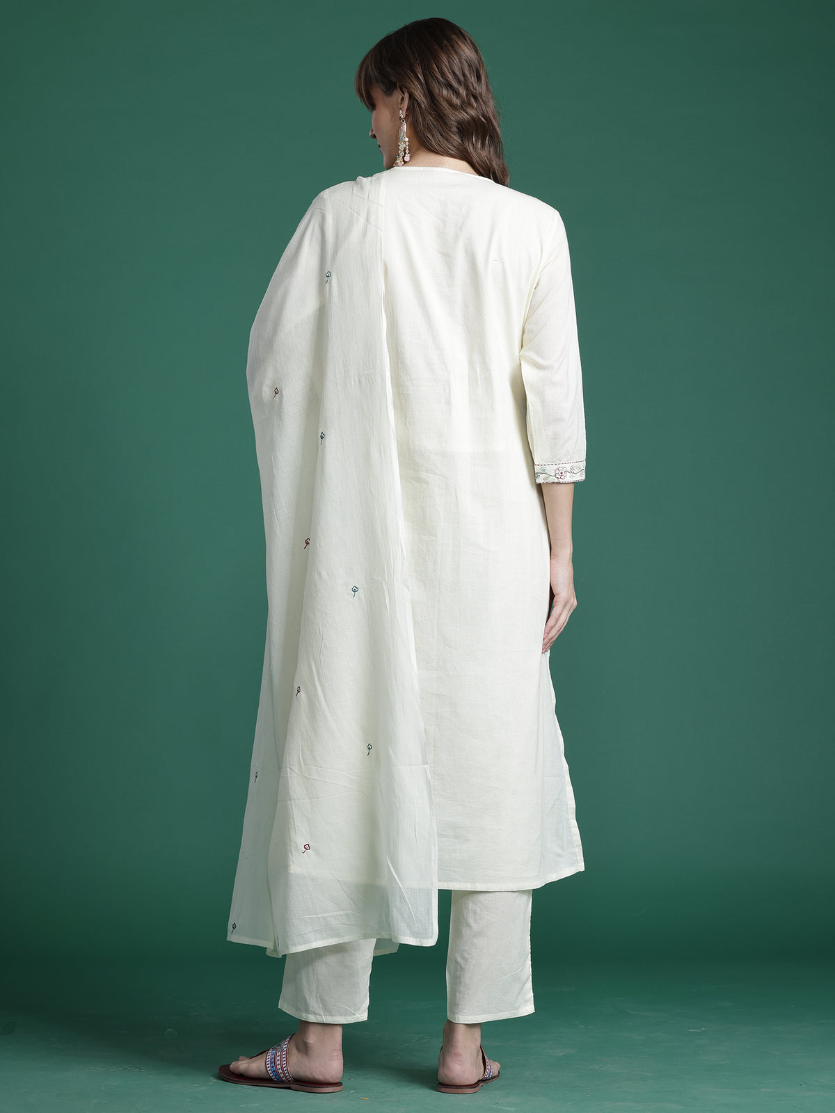 Off White Embroidered A-Line Kurta Trousers With Dupatta Set