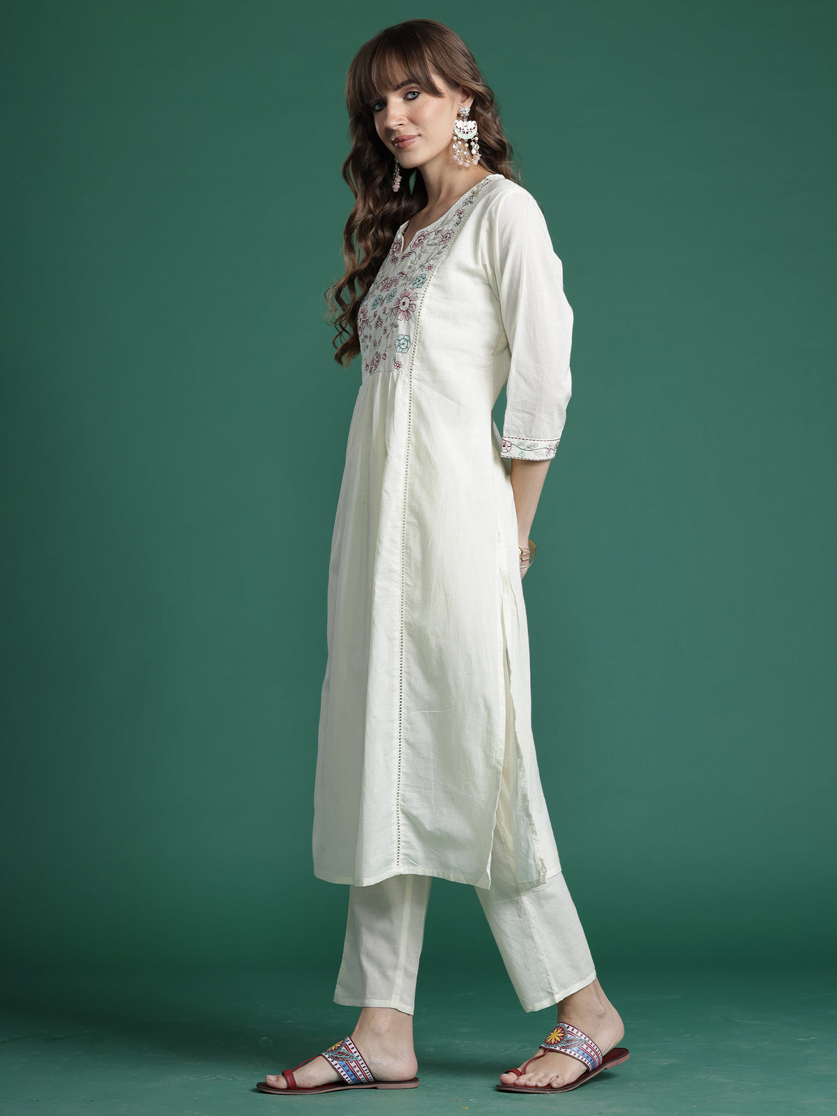 Off White Embroidered A-Line Kurta Trousers With Dupatta Set