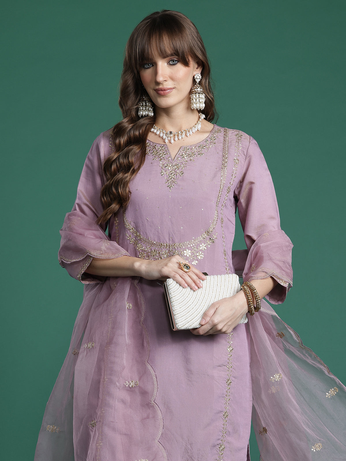 Pink Embroidered Straight Kurta Trousers With Dupatta Set