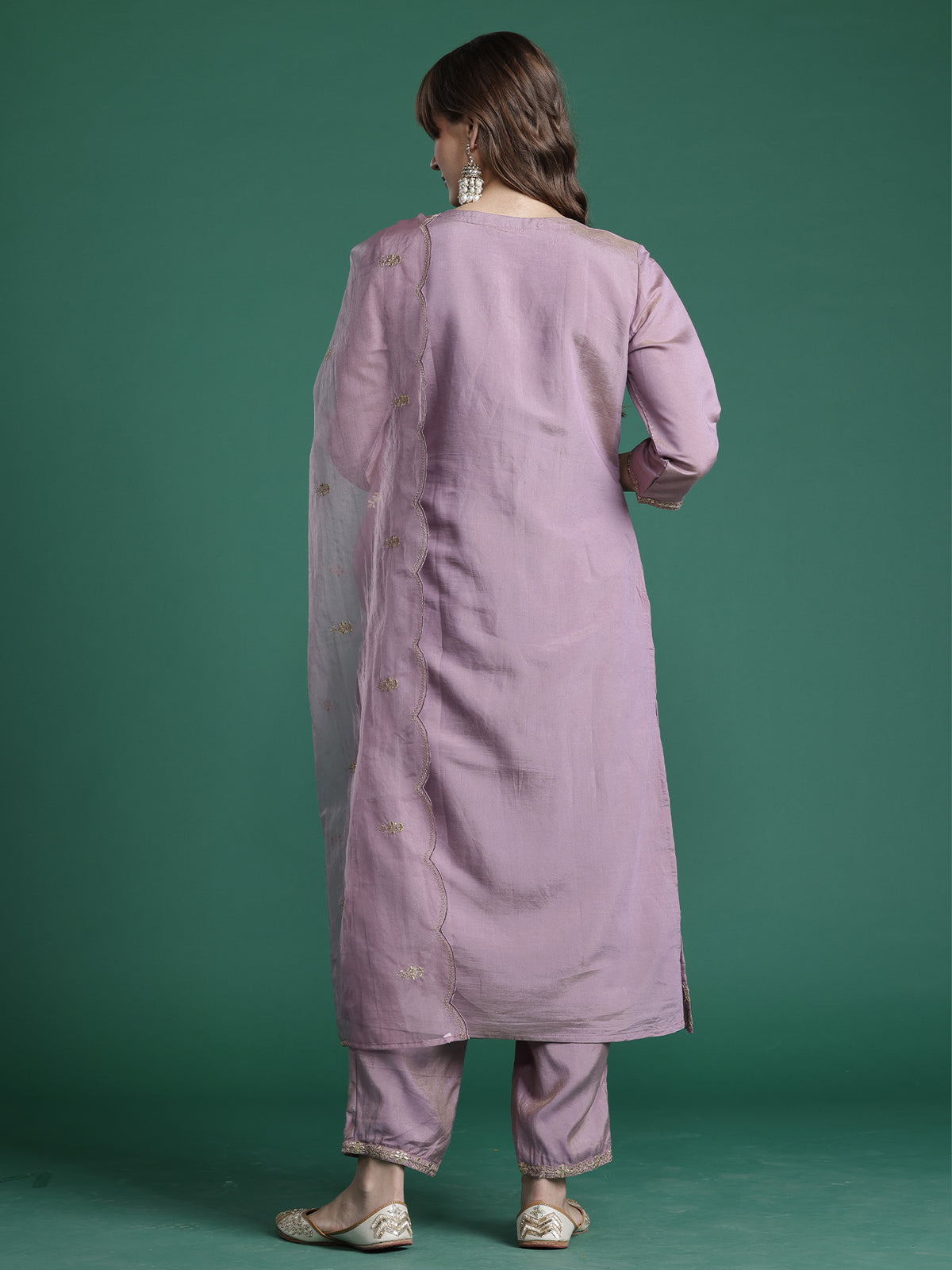 Pink Embroidered Straight Kurta Trousers With Dupatta Set