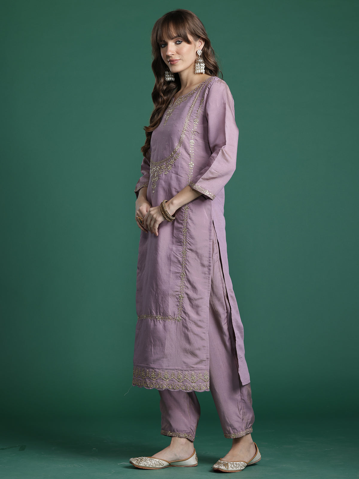 Pink Embroidered Straight Kurta Trousers With Dupatta Set