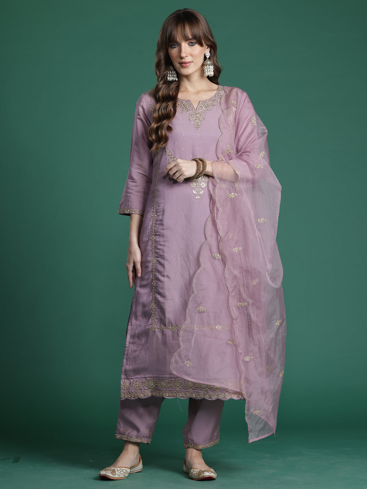 Pink Embroidered Straight Kurta Trousers With Dupatta Set
