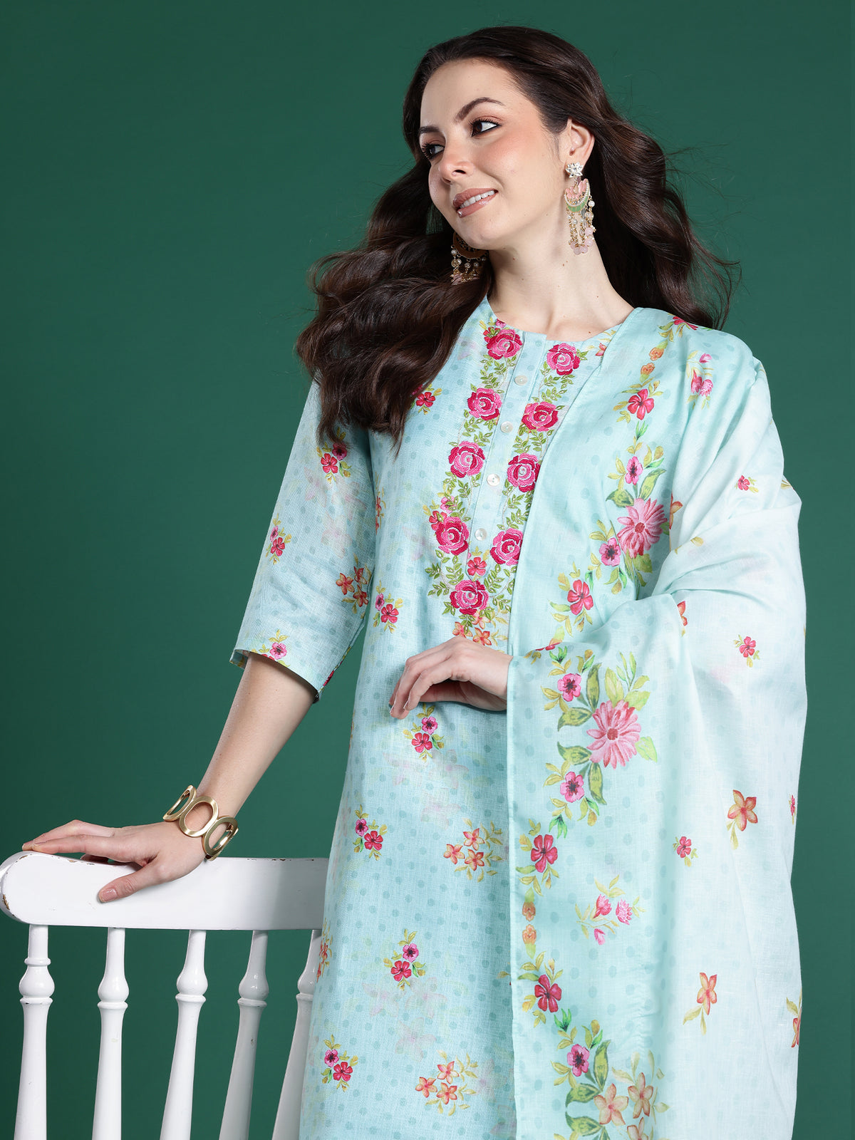 Sea Green Embroidered Straight Kurta Trousers With Dupatta Set