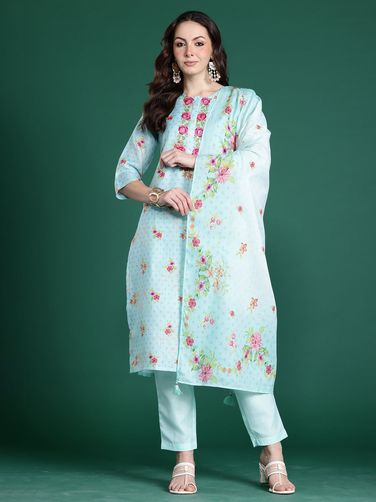 Sea Green Embroidered Straight Kurta Trousers With Dupatta Set
