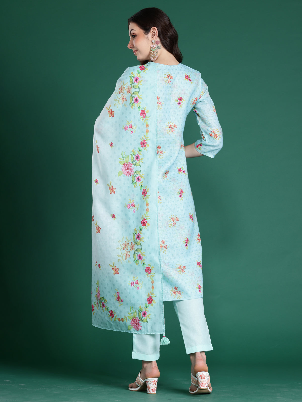 Sea Green Embroidered Straight Kurta Trousers With Dupatta Set