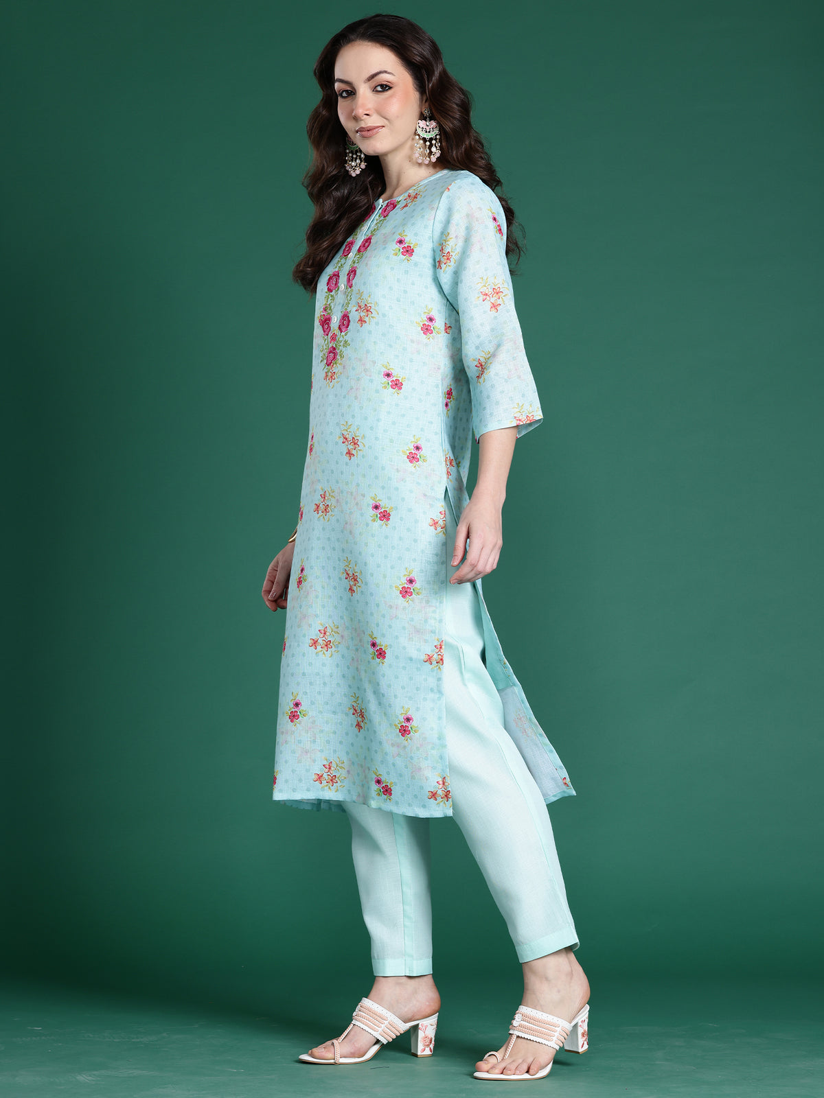 Sea Green Embroidered Straight Kurta Trousers With Dupatta Set