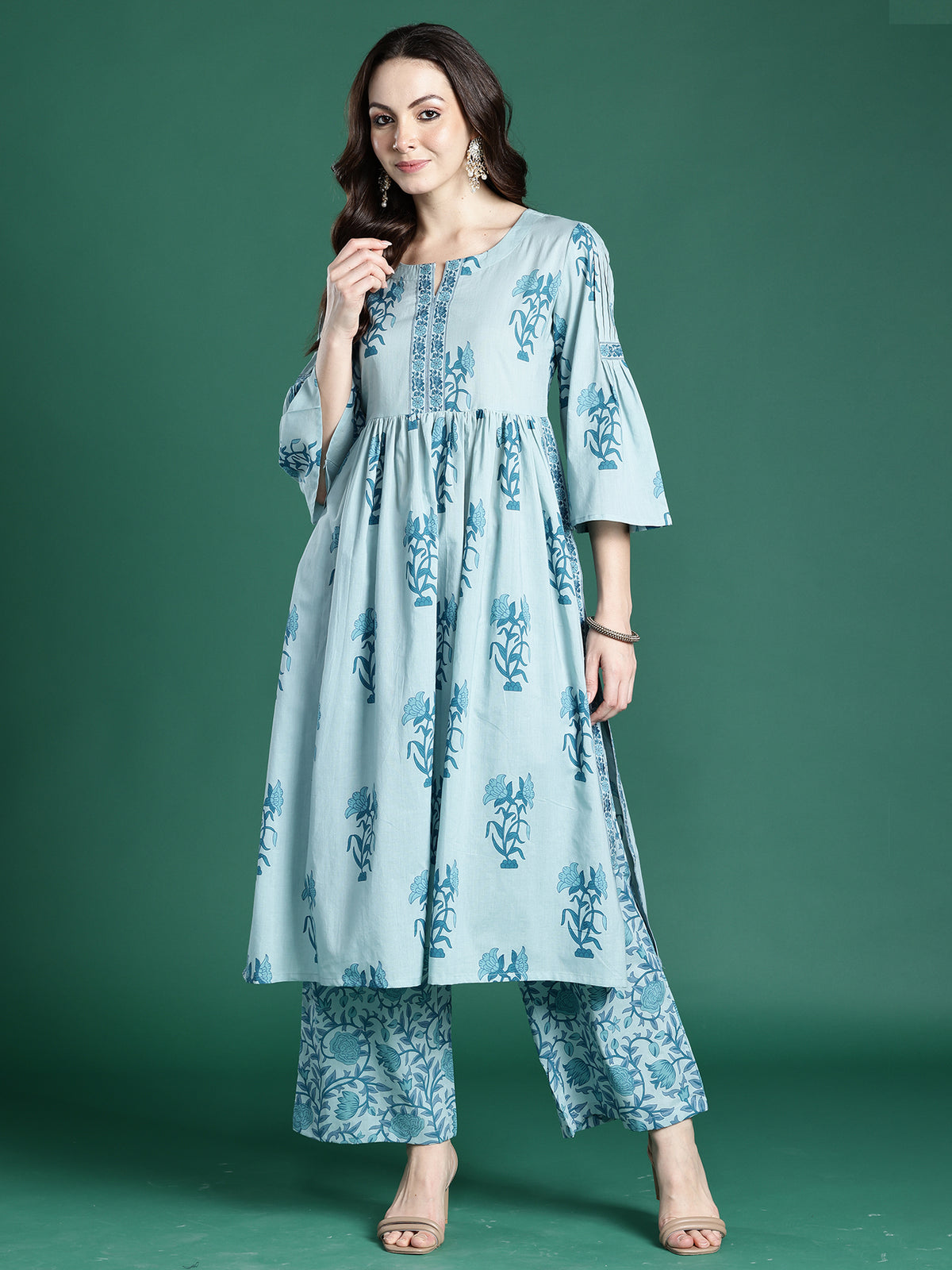 Blue Printed A-Line Kurta Trousers With Dupatta Set