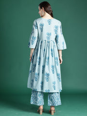 Blue Printed A-Line Kurta Trousers With Dupatta Set