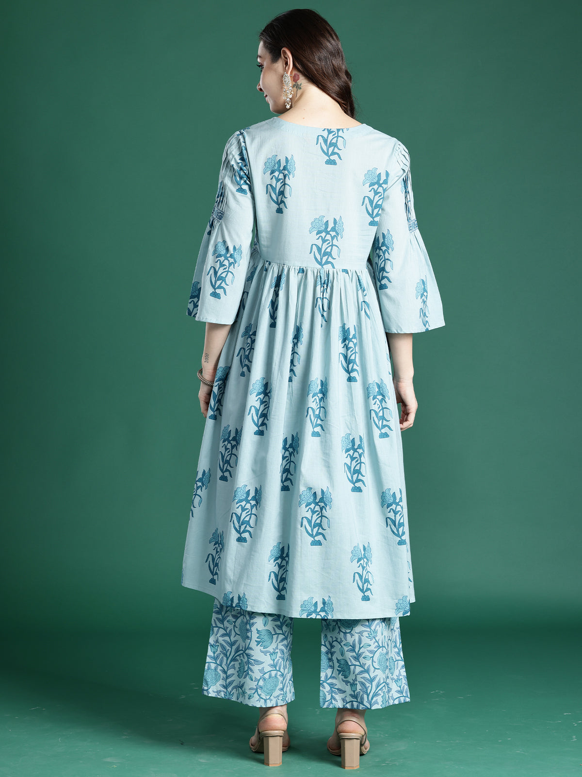 Blue Printed A-Line Kurta Trousers With Dupatta Set