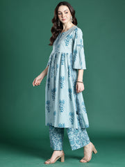 Blue Printed A-Line Kurta Trousers With Dupatta Set