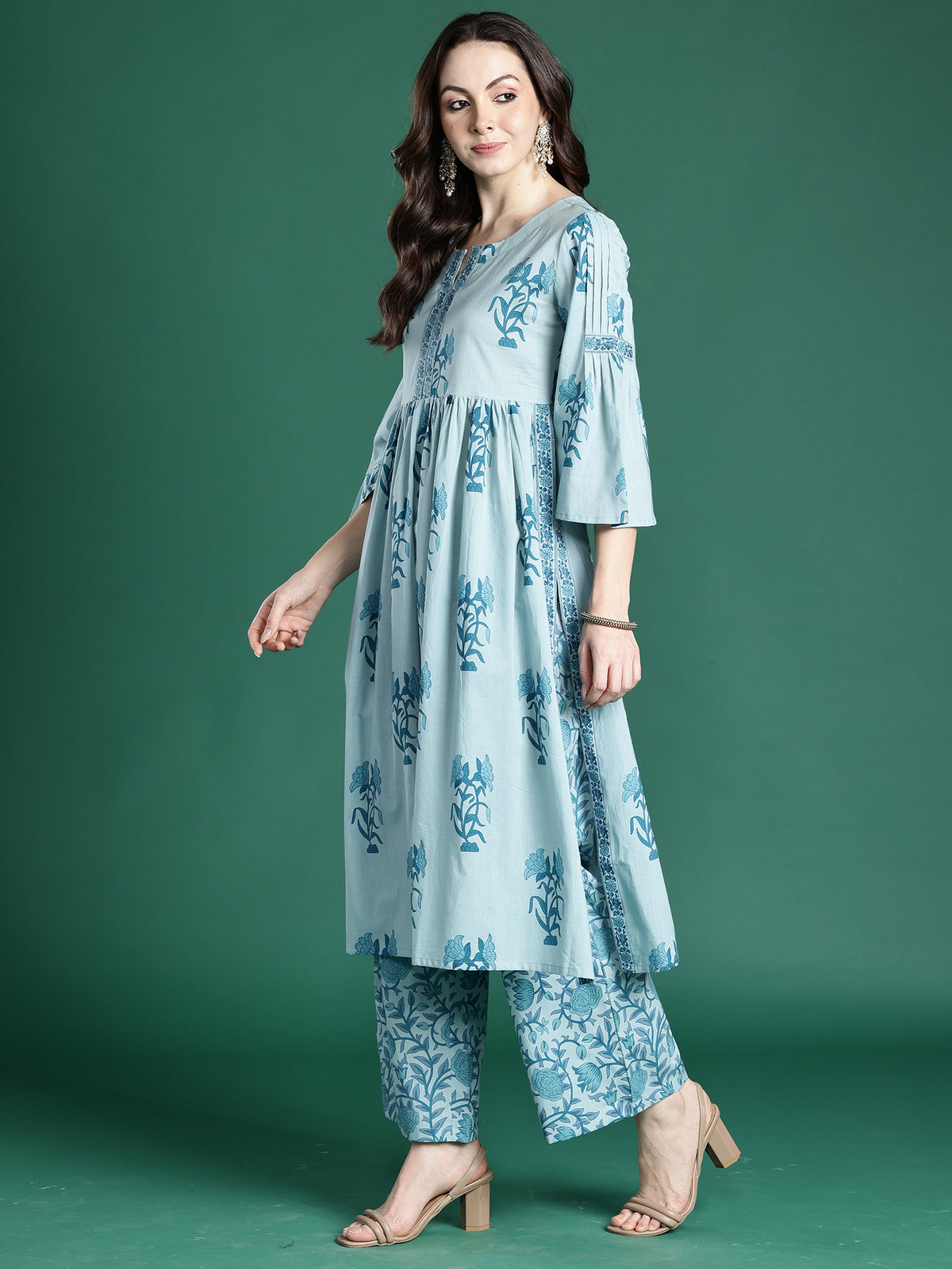 Blue Printed A-Line Kurta Trousers With Dupatta Set