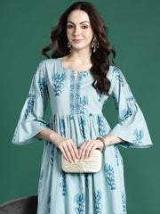 Blue Printed A-Line Kurta Trousers With Dupatta Set