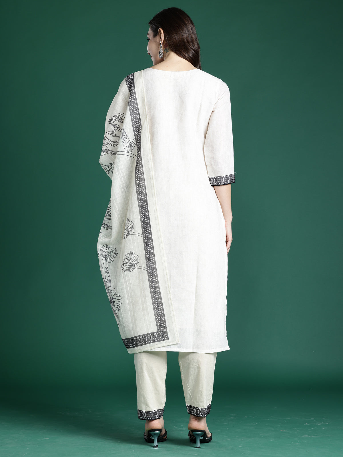 White Printed Straight Kurta Trousers With Dupatta Set