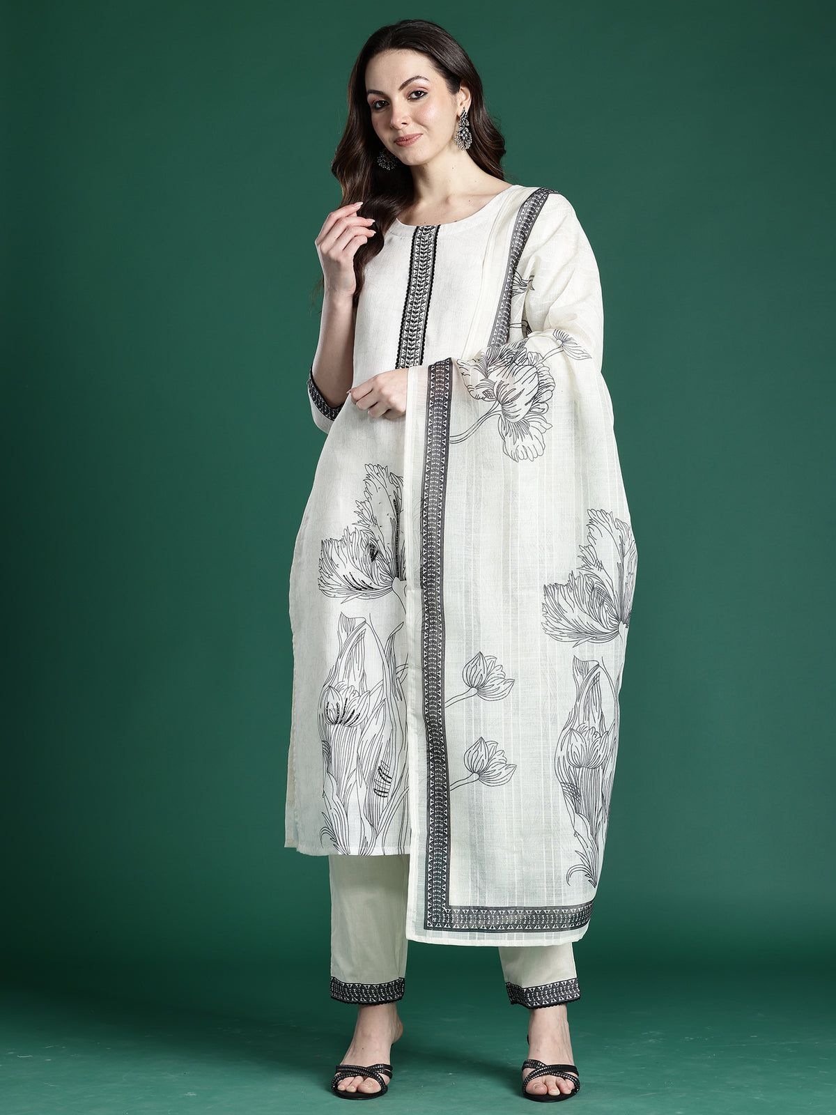 White Printed Straight Kurta Trousers With Dupatta Set