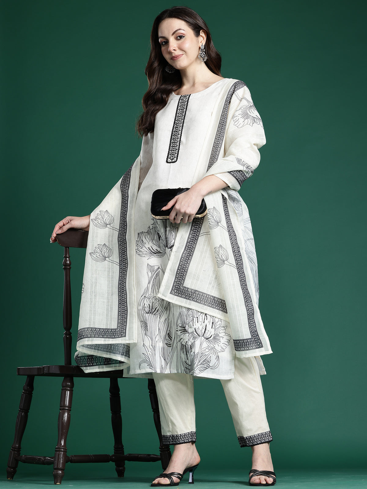 White Printed Straight Kurta Trousers With Dupatta Set