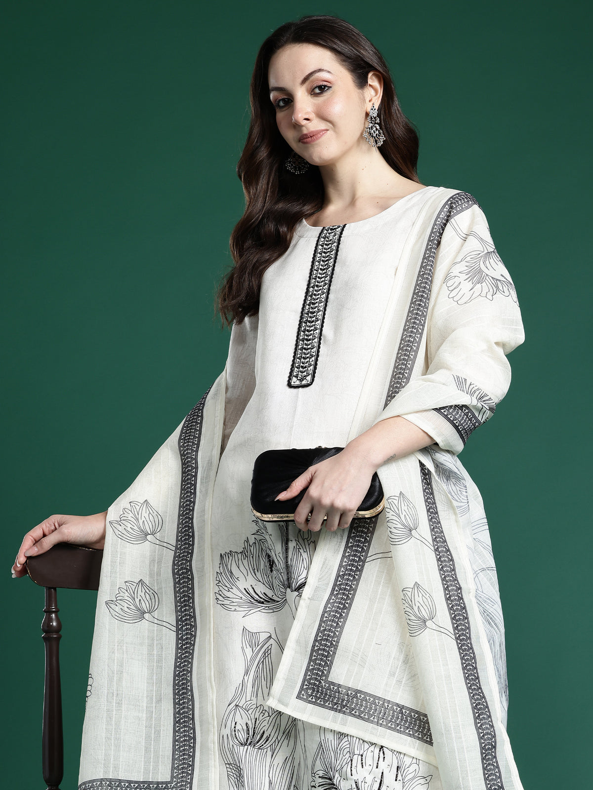White Printed Straight Kurta Trousers With Dupatta Set