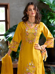 Yellow Embroidered Straight Kurta Trousers With Dupatta Set