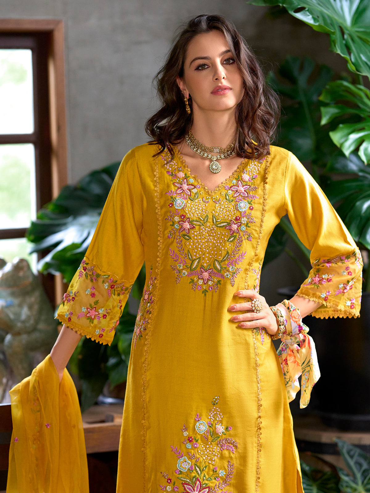 Yellow Embroidered Straight Kurta Trousers With Dupatta Set