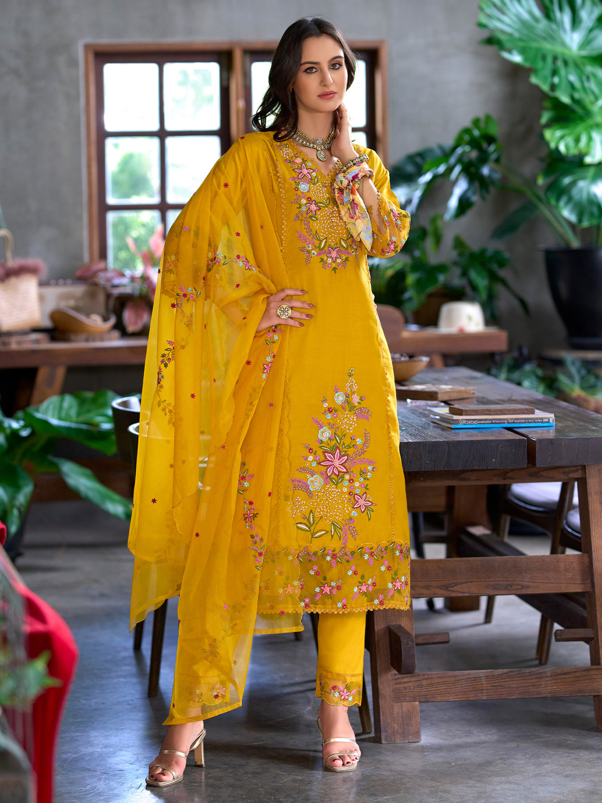 Yellow Embroidered Straight Kurta Trousers With Dupatta Set