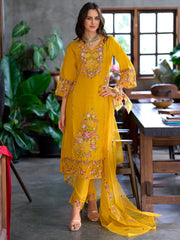 Yellow Embroidered Straight Kurta Trousers With Dupatta Set