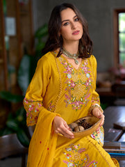 Yellow Embroidered Straight Kurta Trousers With Dupatta Set