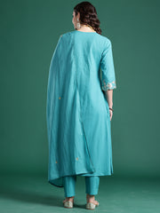 Blue Embroidered A-Line Kurta Trousers With Dupatta Set