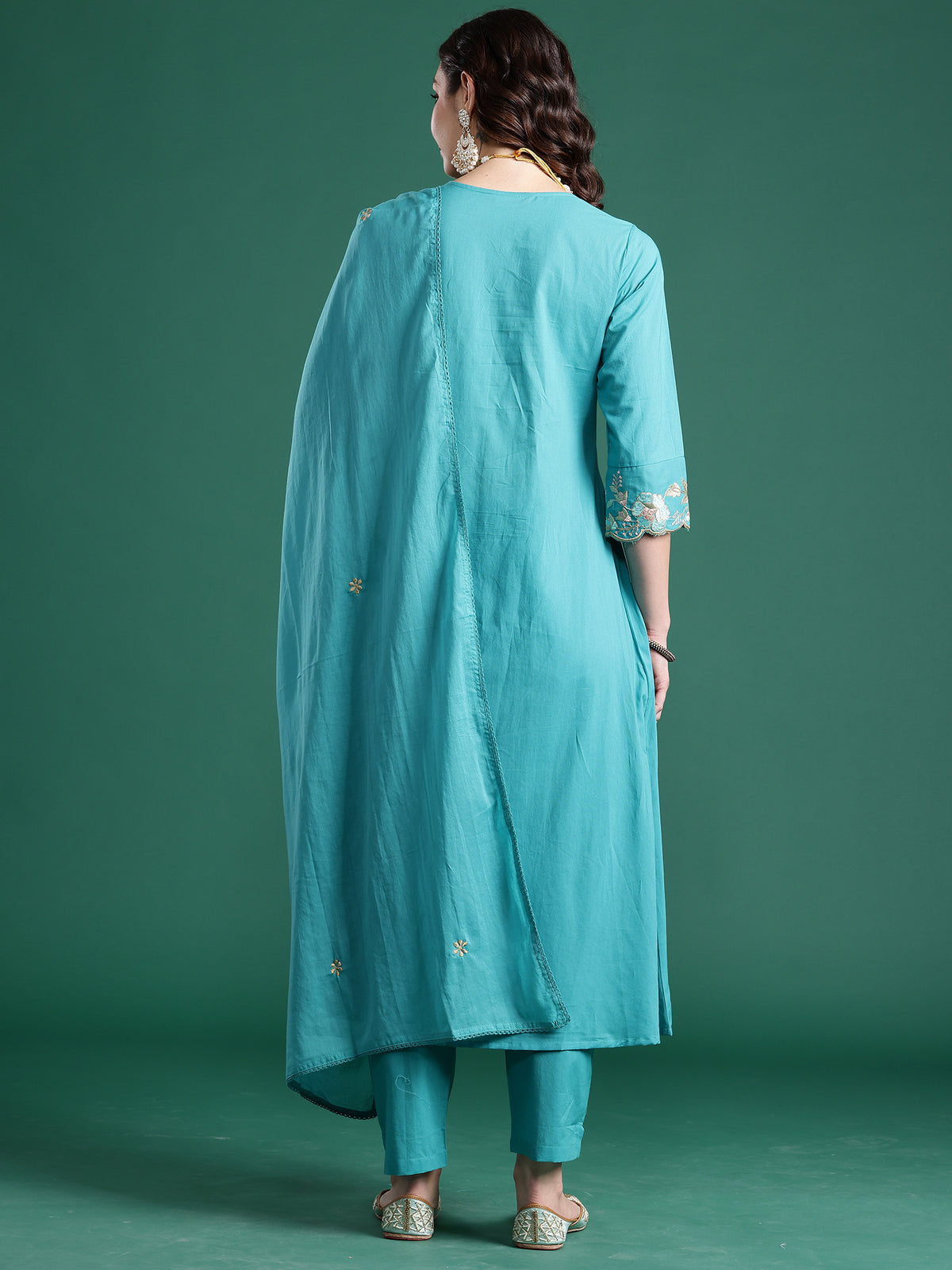 Blue Embroidered A-Line Kurta Trousers With Dupatta Set