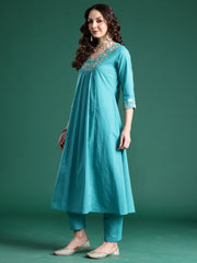 Blue Embroidered A-Line Kurta Trousers With Dupatta Set