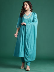 Blue Embroidered A-Line Kurta Trousers With Dupatta Set