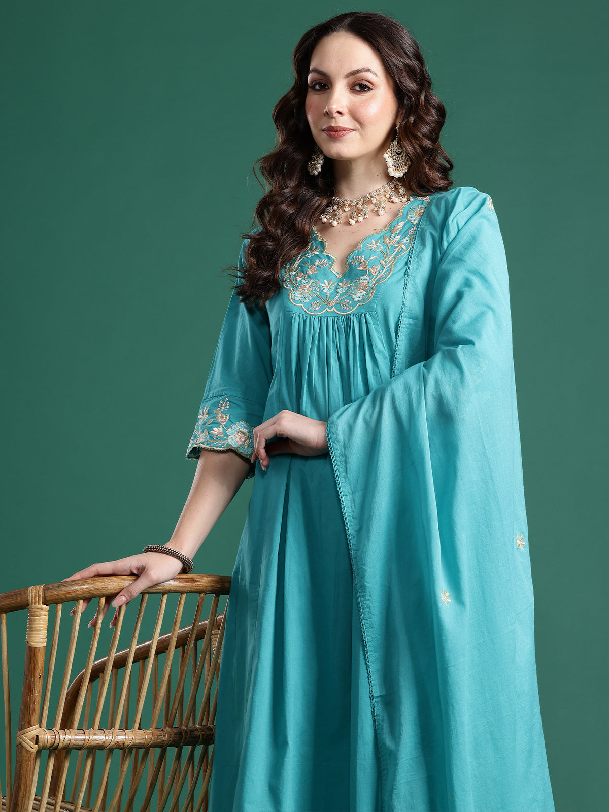 Blue Embroidered A-Line Kurta Trousers With Dupatta Set