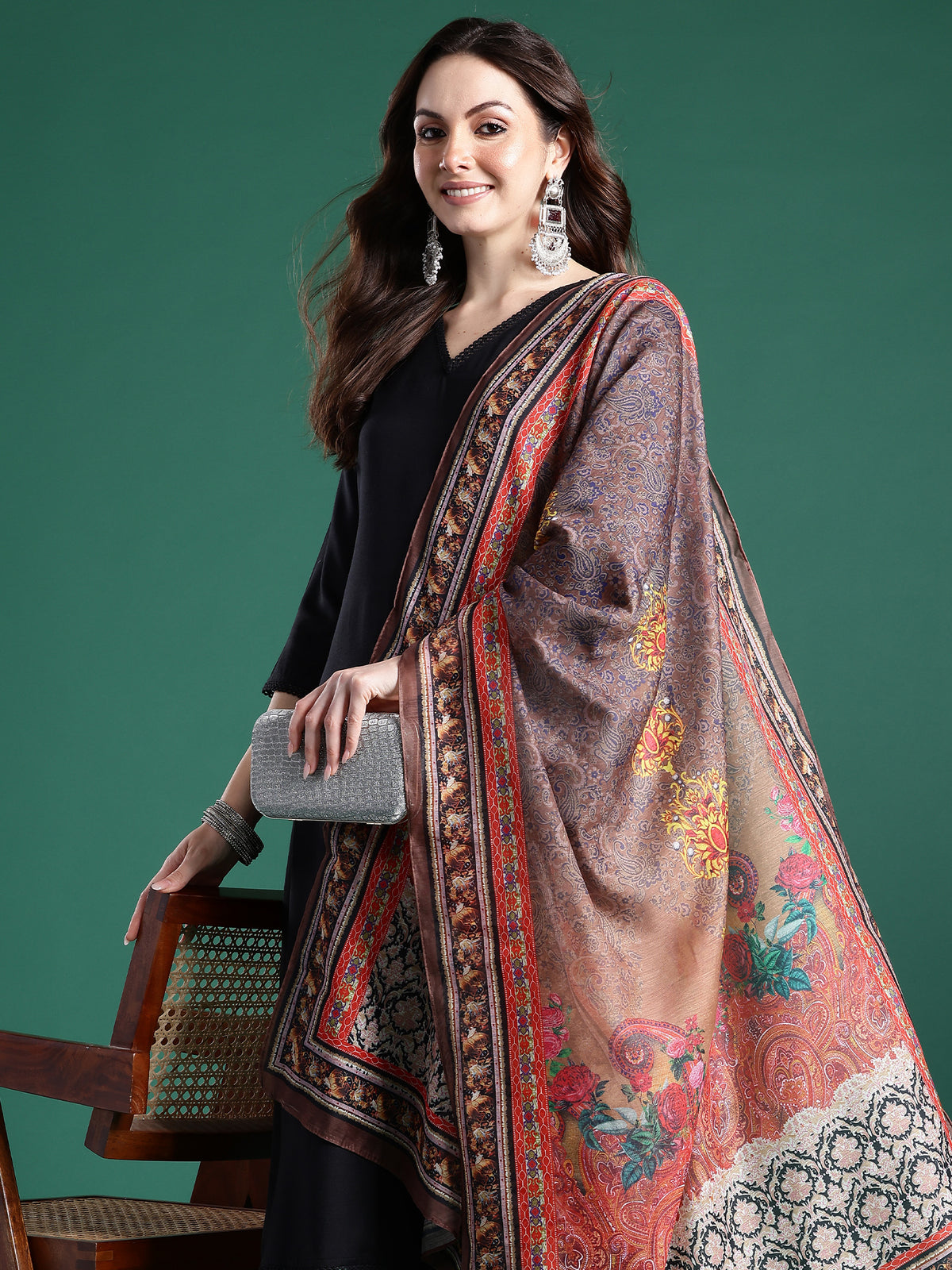 Black Solid A-Line Kurta Trousers With Dupatta Set