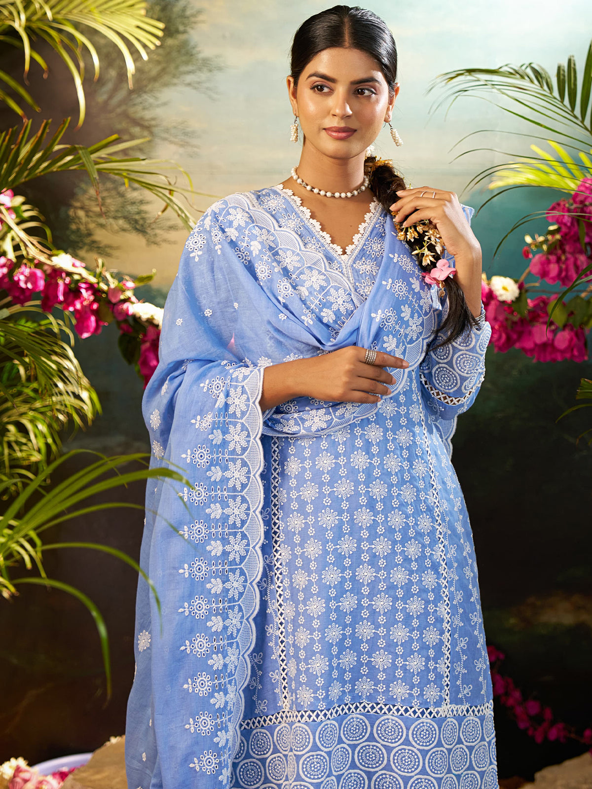 Blue Embroidered Straight Kurta Trousers With Dupatta Set