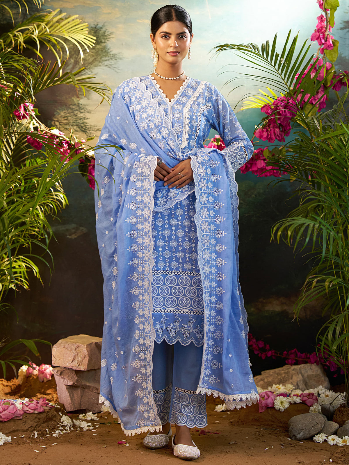 Blue Embroidered Straight Kurta Trousers With Dupatta Set