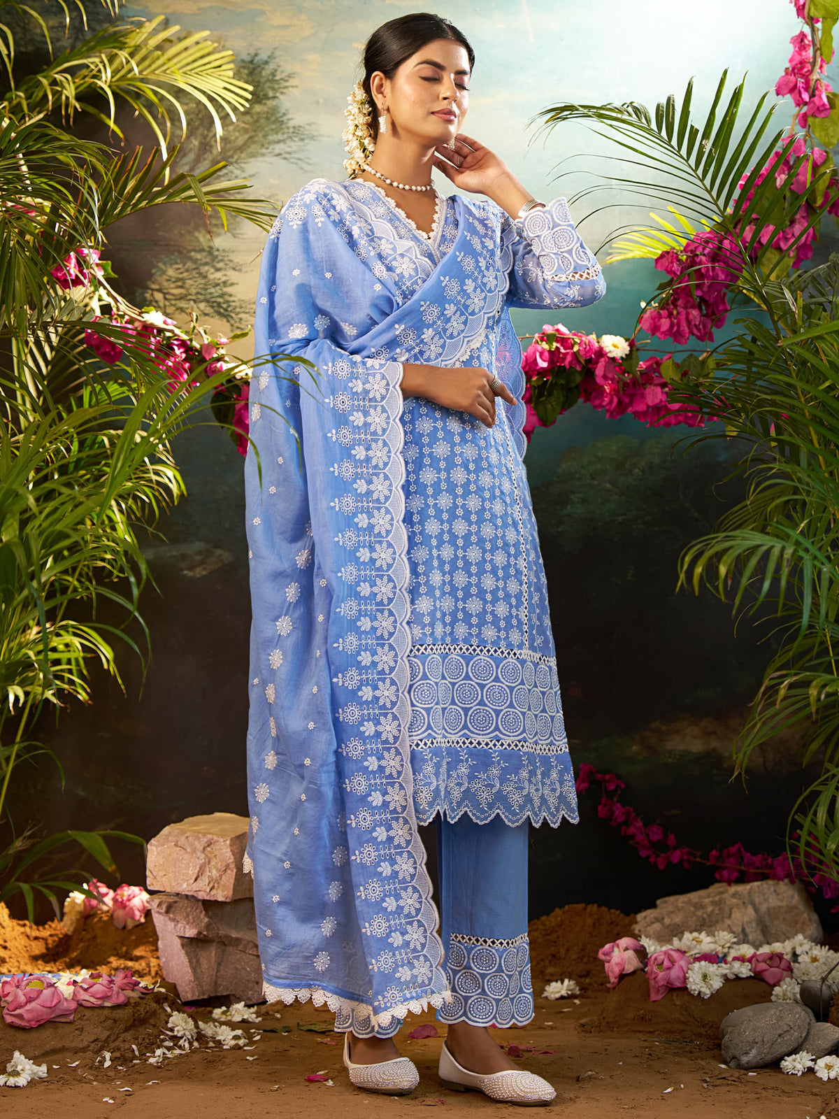 Blue Embroidered Straight Kurta Trousers With Dupatta Set