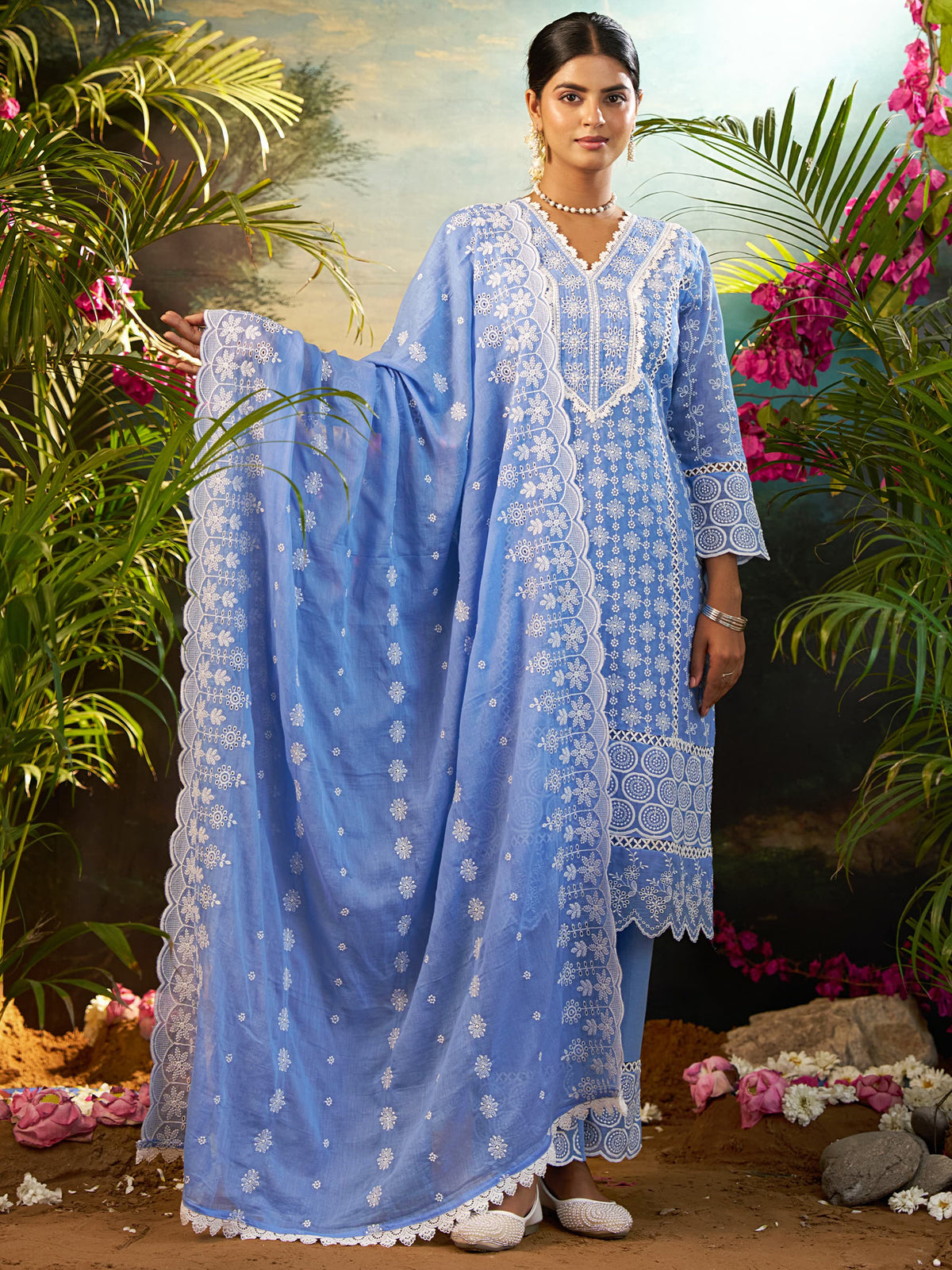 Blue Embroidered Straight Kurta Trousers With Dupatta Set
