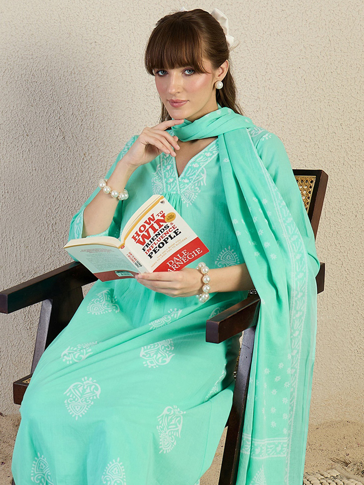 Blue Printed Straight Kurta Trousers With Dupatta Set