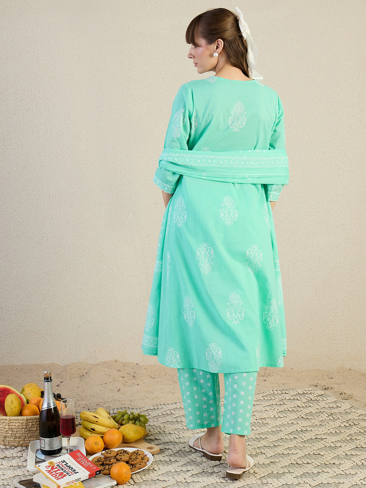 Blue Printed Straight Kurta Trousers With Dupatta Set