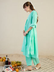 Blue Printed Straight Kurta Trousers With Dupatta Set