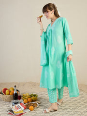 Blue Printed Straight Kurta Trousers With Dupatta Set