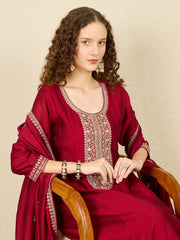 Maroon Embroidered Anarkali Kurta Trousers With Dupatta Set
