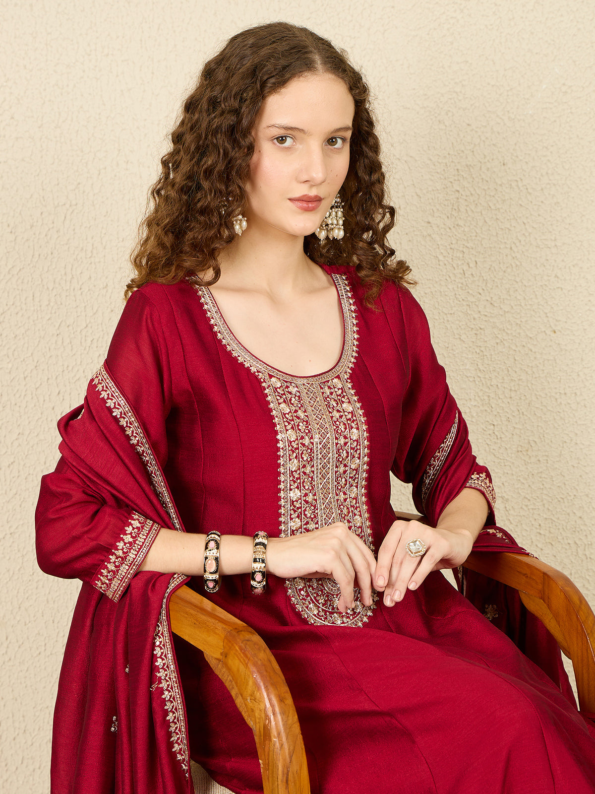 Maroon Embroidered Anarkali Kurta Trousers With Dupatta Set
