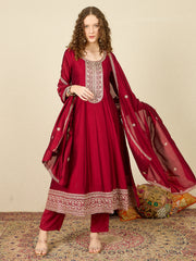 Maroon Embroidered Anarkali Kurta Trousers With Dupatta Set