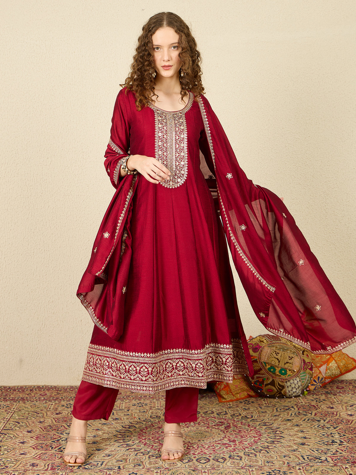 Maroon Embroidered Anarkali Kurta Trousers With Dupatta Set