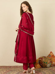 Maroon Embroidered Anarkali Kurta Trousers With Dupatta Set