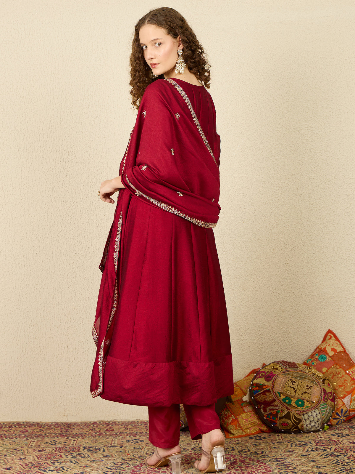 Maroon Embroidered Anarkali Kurta Trousers With Dupatta Set