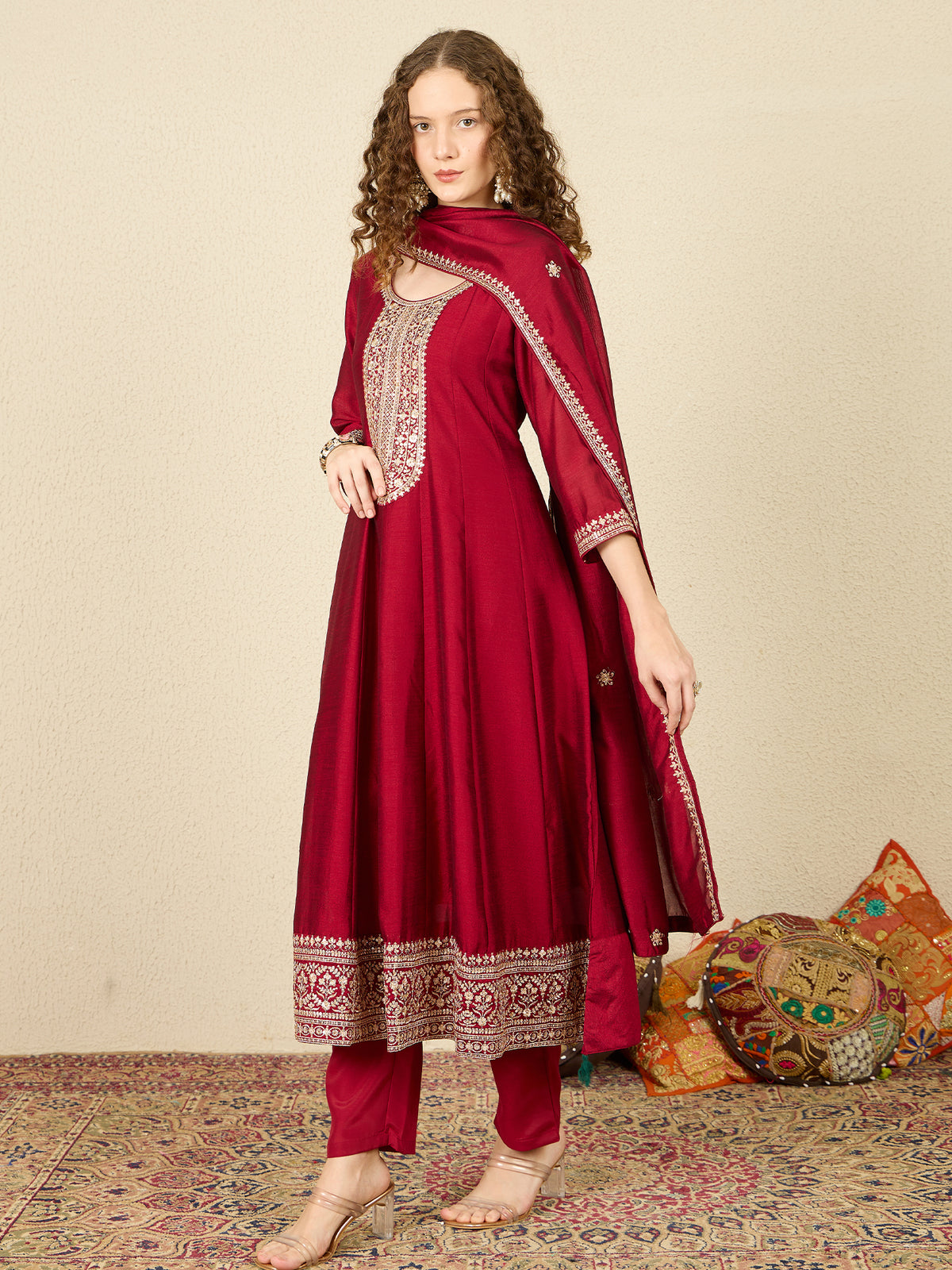 Maroon Embroidered Anarkali Kurta Trousers With Dupatta Set